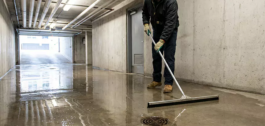 Technician pushing water toward a floor drain in a commercial basement after flooding.